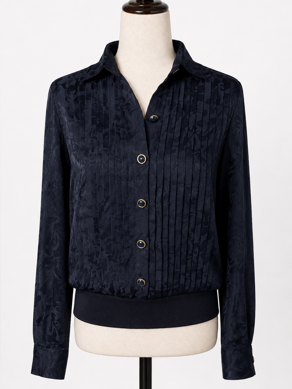 Vintage Philippe Marques navy blouse w gold and enamel buttons, pleats, S